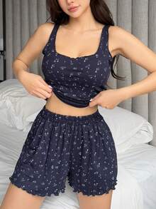 DAZY Bộ đồ ngủ mùa hè cho bé gái tuổi teen, họa tiết hoa nhí, áo hai dây cổ tròn và quần short, kiểu dáng thường ngày. - Màu xanh hải quân - Xem 1