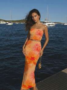 Aloruh Bộ đồ nữ 2 mảnh phong cách nghỉ dưỡng thanh lịch in họa tiết hoa dâm bụt Hawaii, gồm áo quây và chân váy, thích hợp cho kỳ nghỉ xuân/kỳ nghỉ biển/hẹn hò lãng mạn/dạo chơi thời trang/lễ hội âm nhạc mùa xuân. - trái cam - Xem 2