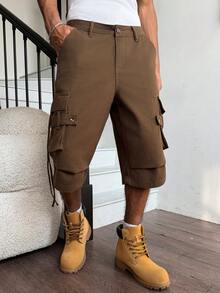 Manfinity EMRG 男士休闲多口袋翻盖工装军绿色牛仔短裤 - 軍綠色 - 查看 4