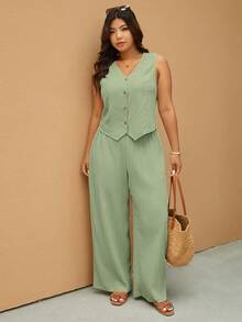 Elaquor Setelan Kasual 2 Potong Wanita Ukuran Besar Warna Polos, Rompi dan Celana Kancing Tunggal - Mint Green - View 1