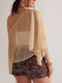 Freevana 大码波西米亚风香槟金亮片雪纺不对称领披肩，亮片薄纱罩衫，优雅派对/度假配饰，音乐节上衣 - 香檳色 - 查看 2