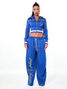 BABYPHAT Women's Cropped Full Zip Hooded Sweatshirt With Yellow Script Text Front Graphic Print Royal Blue Casual Streetwear - Blue - View 3