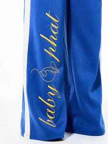 BABYPHAT Wide Leg Joggers With Side Panel Stripe Detail And Logo Script Print Drawstring Waistband Elastic Ankle Comfort Sweatpants - Blue - View 4