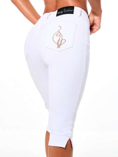 BABYPHAT Stretch Denim Mid Rise Straight Leg Capri Jeans With Button Closure And Rose Gold Logo Pocket Detail Summer Casual