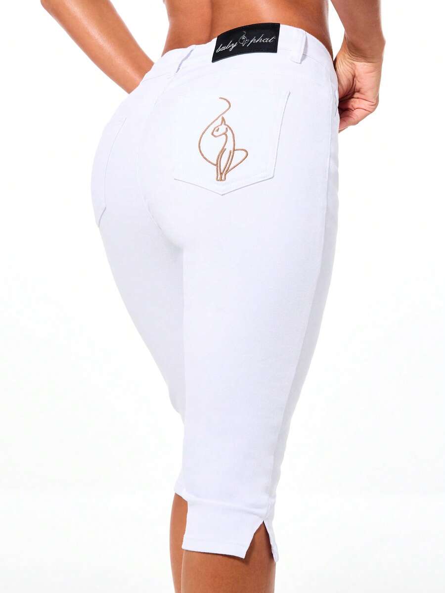 BABYPHAT Stretch Denim Mid Rise Straight Leg Capri Jeans With Button Closure And Rose Gold Logo Pocket Detail Summer Casual - White - View 1