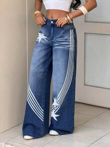 StreetHx 女士宽松休闲牛仔裤，带口袋，星条印花 - 藍色 - 查看 6