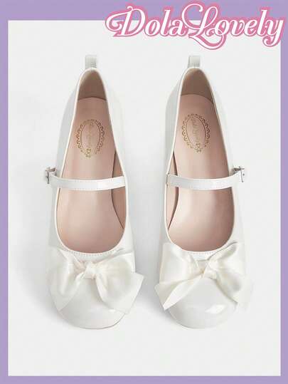 Dola Lovely Soft Sweet Girl Style White Patent High Heel Pumps, Square Toe Satin Bow Mary Jane Shoes, Gentle Sweet Girl Daily Wear, Suitable For Dates, Afternoon Tea, Shopping
