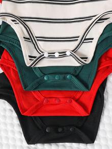 4pcs/Set Baby Boy/Girl Cute Knitted Elastic Striped Short Sleeve Rompers, Basic Bodysuits, Spring/Summer - Multicolor - View 3