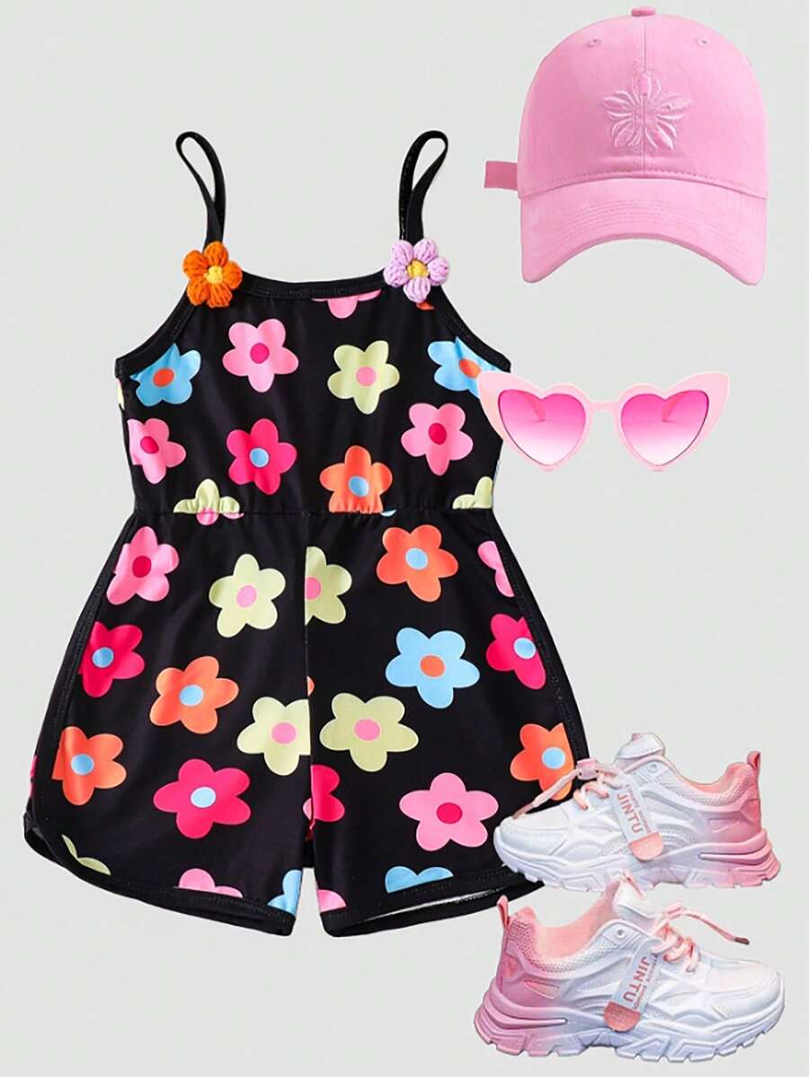 SHEIN Young Girl (Small) White Fashionable Cute Cartoon Colorful Floral Print Sleeveless Jumpsuit, Comfortable Spring/Summer - Black - View 1