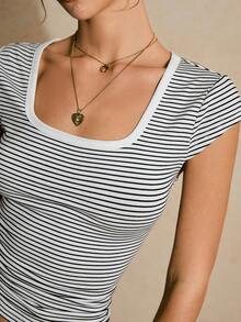 Poéselle 女士休闲条纹圆领修身T恤，夏季 - 黑與白 - 查看 6