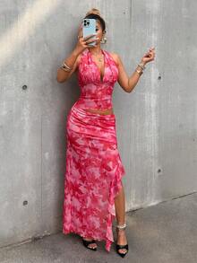 Eryvara Women's Vacation Style Printed Halter Backless Slit Dress (Printed Irregular Cut) - Tropical Pink - View 3