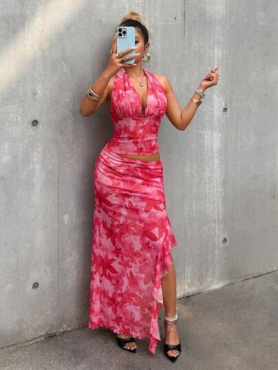 Eryvara Women's Vacation Style Printed Halter Backless Slit Dress (Printed Irregular Cut)