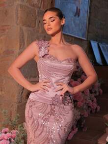 Glamrae 优雅奢华的珍珠亮片刺绣3D花卉图案缎面美人鱼裙，适合婚礼、派对、度假、舞会、正式场合（装饰繁复） - 藕粉色 - 查看 7