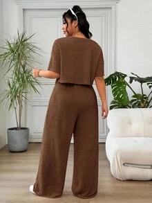 Solflare Chocolate Brown Plus Size Women Crew Neck Short Sleeve Top And Drawstring Waist Wide Leg Pants Casual 2 Piece Set, Summer Outfits - Chocolate Brown - View 3