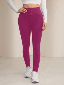 Modelyn Quần legging nữ màu trơn, thiết kế cài nút ở eo, kiểu dáng thường ngày thoải mái. - Màu Hồng Tươi - Xem 6
