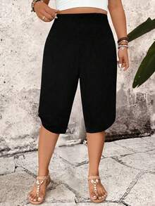 SHEIN PETITE CURVE 女士休闲抽绳腰百慕大短裤，百搭 - 黑色 - 查看 7