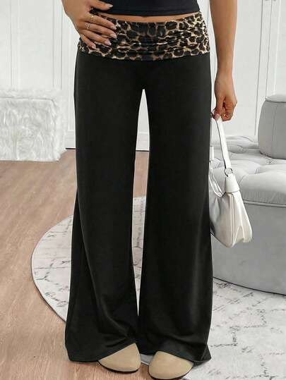 SHEIN Teen Girls' Waist Leopard Print Patchwork Wide Leg Loose Pants