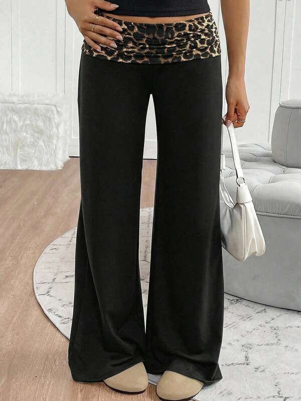 SHEIN Teen Girls' Waist Leopard Print Patchwork Wide Leg Loose Pants