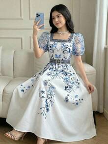 SHEIN Teen Girl White & Blue Floral Retro Print Robe,Middle Eastern/Arabic Style Elegant Summer Party Long Dress,Suitable For Vacation,Short Sleeve Dresses - Blue and White - View 4