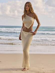 Aralina 2 Piece Set Crochet Summer Spring Swim Vacation Beach One Shoulder Top Assymetric Tube Maxi Skirt Sheer Sexy Two Piece Set - Yellow - View 12