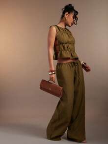 Hauture 女士性感休闲阔腿亚麻长裤 - 軍綠色 - 查看 2