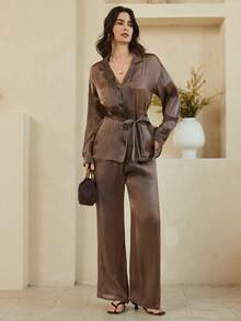 Dazy-Less 女士休闲优雅通勤套装，前扣长袖衬衫和裤子两件套，秋季款 - 棕色 - 查看 4