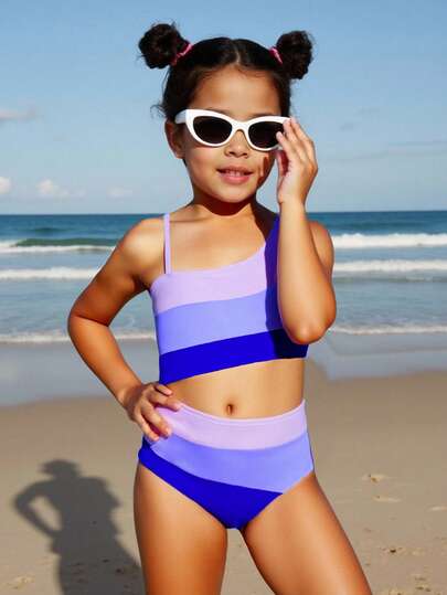Young Girl Hollow Out Contrast Color Asymmetrical Shoulder One-Piece Swimsuit, Summer Beach Vacation