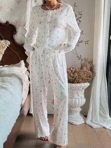 SHEIN Lace Trim Round Neck Cardigan Long Sleeve & Pants Butterfly Print Pajama Set - White - View 5
