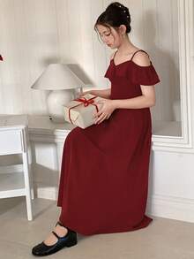 DAZY Tween Girl Solid Color Ruffle Trim Off-Shoulder Fashionable Dress Summer - Burgundy - View 6