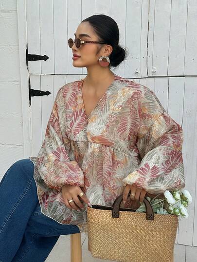 Dazy Plus Plus Size Women's Casual Fashionable Printed V-Neck Long Sleeve Shirt, Summer