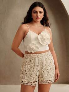 Anewsta Plus Size Casual Solid Color Hollow Out Knit Shorts - Apricot - View 5