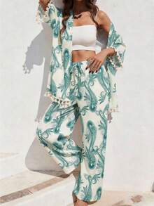 Breezaya 女士休闲波西米亚风佩斯利印花流苏装饰和服罩衫及阔腿裤两件套，春夏秋季 - 淺色水洗藍 - 查看 4