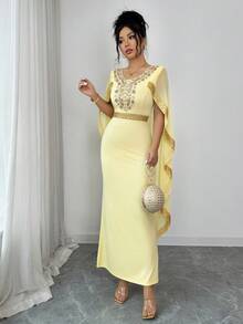 SHEIN Raffinéa 女士圆领贴花披肩设计优雅长裙 - 黃色 - 查看 3