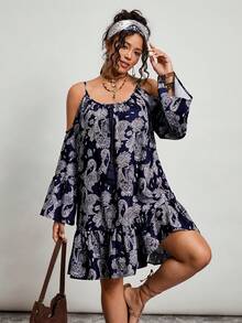 SHEIN LUNE 大码女式度假腰果花卉镂空喇叭袖系带宽松时尚连衣裙 - 彩色 - 查看 6