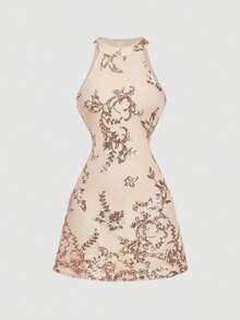 SHEIN MOD Đầm ngắn mùa hè dành cho nữ, đính sequin, thêu hoa, khóa kéo phía sau. - Nhiều màu - Xem 2