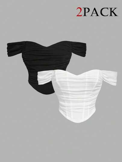 SHEIN MOD Top corto con estructura de corsé, cintura fruncida, decoración de espina de pescado en el hombro, vintage, elegante, adecuado para fiestas, té de la tarde, festivales de música, uso diario, Y2K, multicolor, negro y blanco