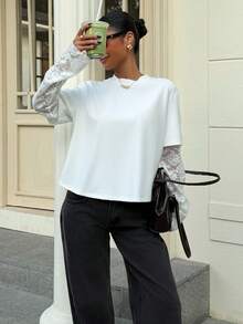 Muchica Women's White Knit Waist Design Contrast Lace 2 In 1 T-Shirt For Going Out Outfits, Streetwear, Y2K Clothes, White Top With Lace Sleeves - White - View 1