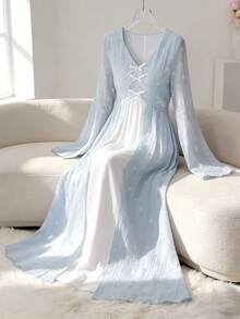 Yasmyna V领碎花收腰喇叭袖蝴蝶结优雅连衣裙 - 藍白色 - 查看 2