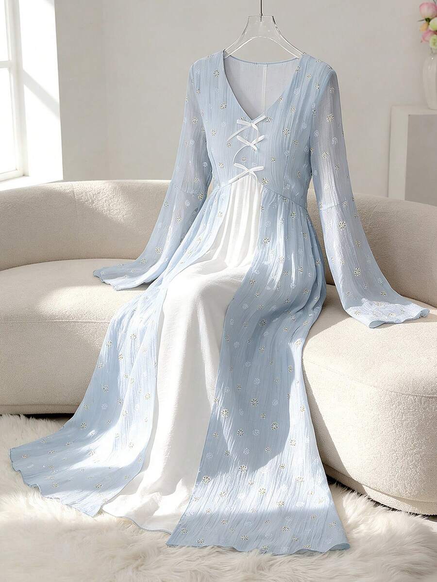 Yasmyna V领碎花收腰喇叭袖蝴蝶结优雅连衣裙