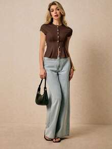 Poéselle 女士针织上衣，纽扣蕾丝边饰，圆领短袖单排扣时尚上衣，纯色夏季上衣，夏季服装，夏季女装，外出上衣，可爱上衣，春季上衣，夏季套装，女装，可爱夏季上衣，夏季衬衫 - 咖啡棕 - 查看 2