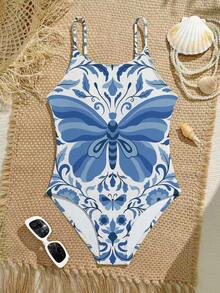 SHEIN 休闲可爱复古蓝色蝴蝶印花弹力编织连体泳衣，适合青少年女孩海滩度假游泳 - 白色 - 查看 3