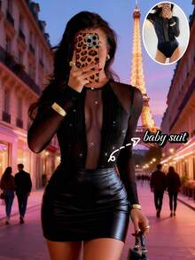 Chiquease Women's Elegant Sexy Bodysuit For Going Out, Gathering With Friends, Birthday Party, Concert, Annual Party. Elegant Long Sleeve Patchwork Sheer Sexy Black Bodysuit. Sexy Deep V-Neck Long Sleeve Sheer Sexy Outfit For Valentine's Day, Suitable For Spring And Summer Wear - Black - View 2