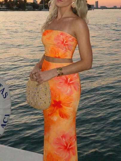 Aloruh 优雅度假风夏威夷芙蓉扎染印花女士两件套，度假风抹胸上衣和半身裙两件套，适合春假/海滩度假/浪漫约会/时尚出行/音乐节等场合。