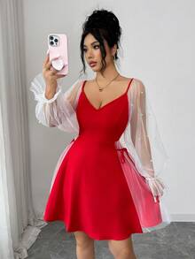 Rafferiza Women's V-Neck Lantern Sleeve Beaded Mesh Patchwork Cinched Waist Elegant Mini Dress - Red - View 5