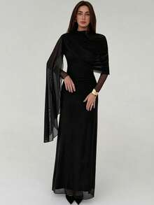 Aloruh Đầm dài tay thanh lịch màu trơn phối lưới xếp ly dành cho nữ - màu đen - Xem 4