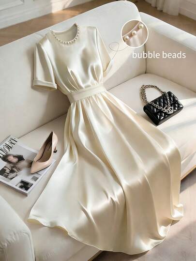 SHEIN Franclia Elegante vestido corto de manga corta para mujer, de cuello redondo, con cuentas 3D, de satén color melocotón claro, adecuado para invitados de boda de primavera/verano, fiestas, cumpleaños y otras ocasiones, ropa de verano para mujer, vestido de verano, vestido blanco
