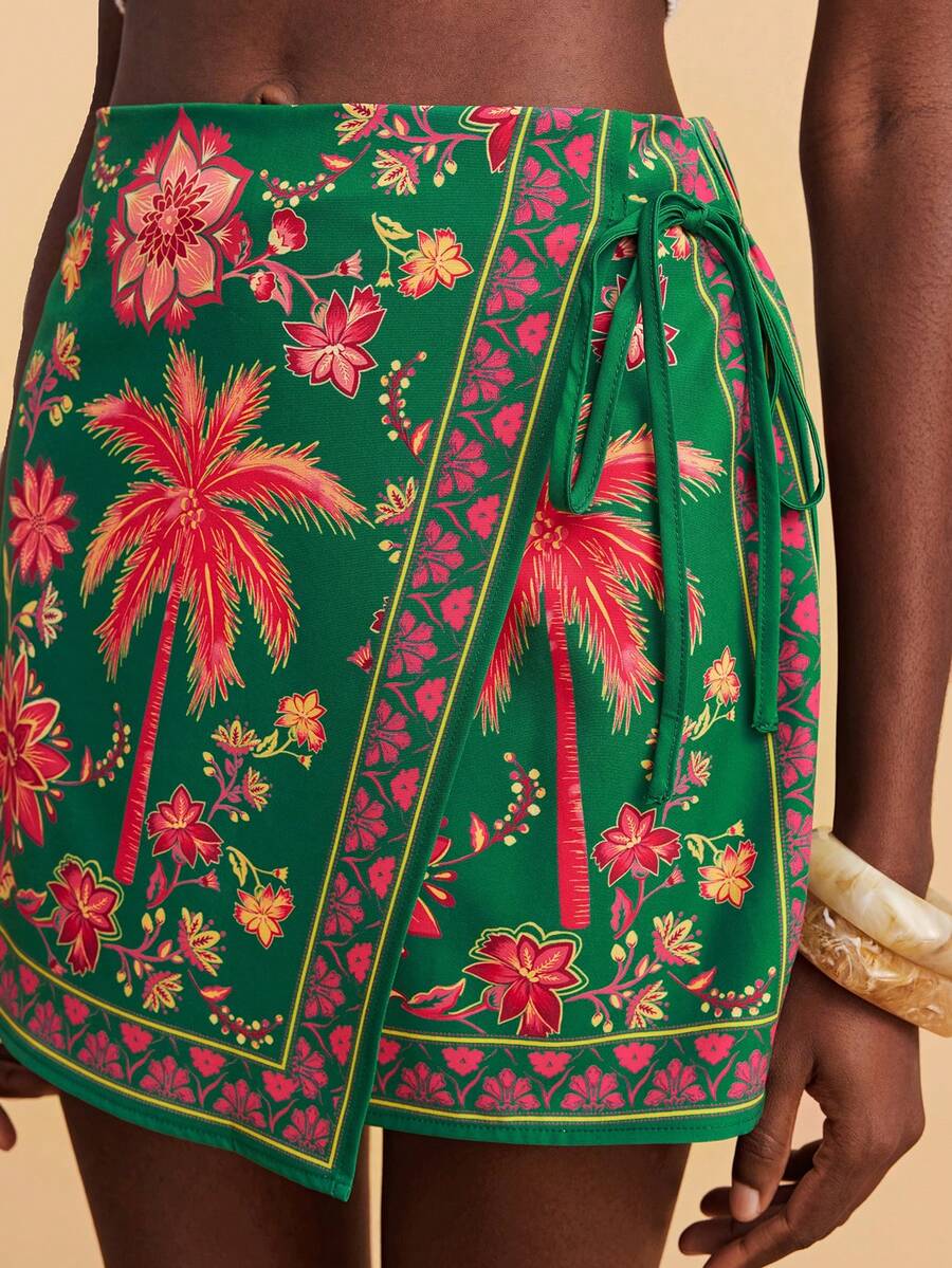 Travachic Women's Vacation Palm Tree Print Side Tie Asymmetric Hem Skirt Pants - Multicolor - View 1