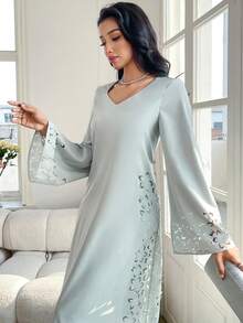 Yasmyna 女士常规肩部喇叭袖连衣裙，时尚简约设计，宽松版型 - 淺藍色 - 查看 4