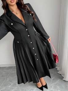 Elenzga Plus Size Women's French Romantic Elegant V-Neck Pleated Long Sleeve Metal Button Faux Pocket Decor Maxi Dress Button Dress Black Classy Dress French Style Dress Long Sleeve Elegant Dress Elegant Midi Dress - Black - View 4