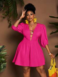 Maweii Plus Size Solid Color Deep V-Neck Sexy Fashionable Romper - Hot Pink - View 4